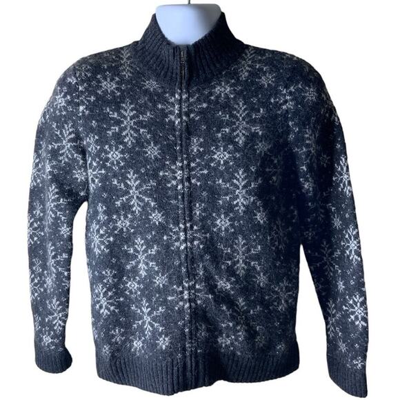 Vintage Jones New York Sport Lambs Wool Sweater Women M Petite Zip Up Snowflakes - Picture 1 of 8